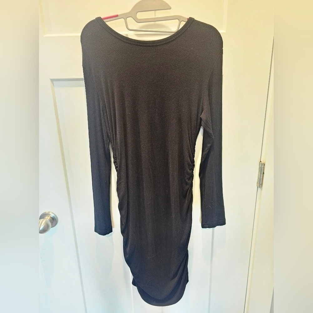 Black Long Sleeve Ruched Bodycon Dress Size Large Stretch Ribbed Knit